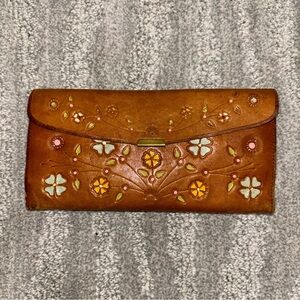 Vintage Hand Tooled Leather Wallet Mexico Boho Floral Pocket Mirror